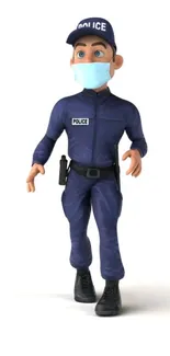 Cartoon police officer in navy uniform with mask on white background.