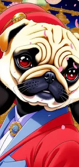 Cartoon pug in red attire with colorful fantasy background.