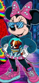 Cartoon character with puppy in vibrant street scene.