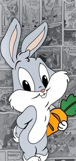 Cartoon rabbit holding a carrot with comic strip background.