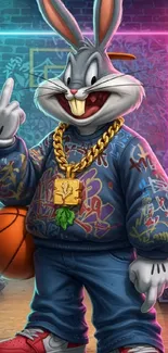 Cartoon rabbit in streetwear holding basketball with graffiti background.