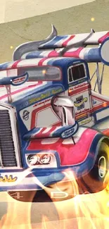 Cartoon racing truck with colorful design and flames of speed.