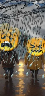 Animated characters under rain with cloudy sky on a dark street.