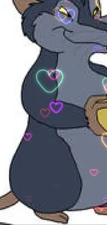 Cartoon rat with floating colorful hearts and cheese.