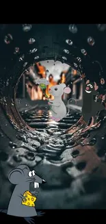 Whimsical cartoon rats exploring a tunnel with water reflections.