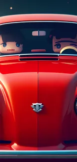 Cartoon characters driving a red car.