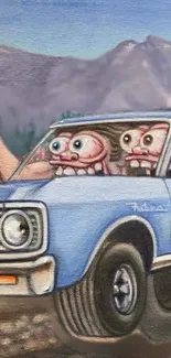 Cartoon characters in a blue car on a fun road trip adventure.