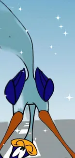 Cartoon roadrunner with sparkles on a light blue background.