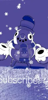 Cartoon robot in winter with snowflakes on blue background.