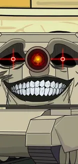 Cartoon robot with glowing red eyes and a wide, sinister smile.