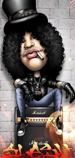 Cartoon rock star with guitar amp on wall.