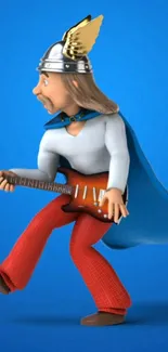 Cartoon character in Viking helmet playing guitar on blue background.