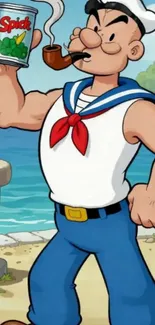 Cartoon sailor with a spinach can by the sea.