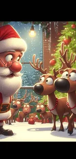 Cartoon Santa with reindeer in festive setting.