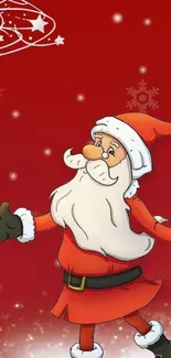 Cheerful cartoon Santa on a festive red background.