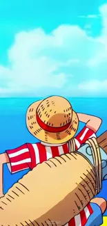 Cartoon character in straw hat gazes at the ocean on a sunny day.