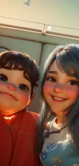 Charming cartoon selfie of two smiling characters in a bright, fun setting.