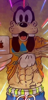 Cartoon character taking a selfie with colorful effects in the background.