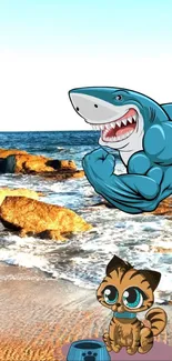 Cartoon shark and kitten at the beach.