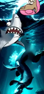 Cartoon shark and fish underwater adventure scene with dynamic colors.