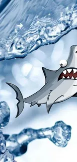 Cartoon shark swimming in water with 3D splash effect background.