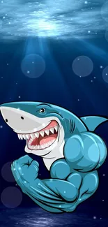 Animated muscular shark in ocean blue setting with light beams.