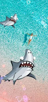 Swimming with cartoon sharks in turquoise waters wallpaper.