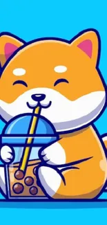 Cute cartoon Shiba Inu sipping bubble tea with a bright blue background.