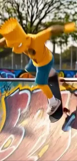 Cartoon skater performs thrilling trick at colorful skate park.