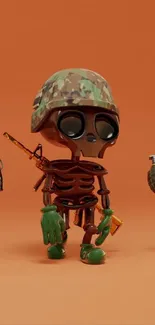 Toy skeleton soldier with grenades and orange background.