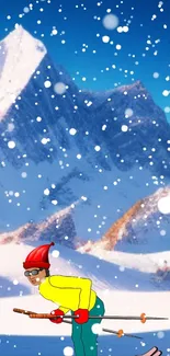 Cartoon skier in a snowy mountain landscape.