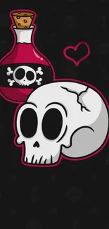 Cartoon skull with poison bottle and a heart on a dark background.