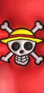 Red background with cartoon skull and crossbones.