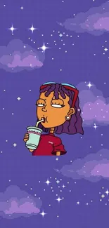 Cartoon character sipping drink with purple clouds background.