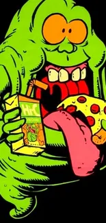 Cartoon slime with pizza and drink on black background.