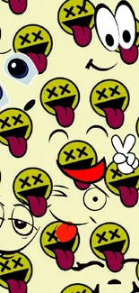 Cartoon smiley faces wallpaper with quirky yellow expressions.