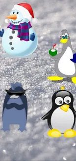 Snowman and penguins on snowy background wallpaper.