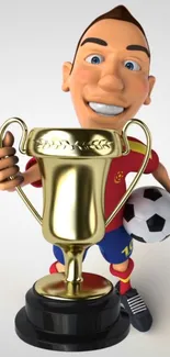 Cartoon soccer player with trophy and soccer ball wallpaper.