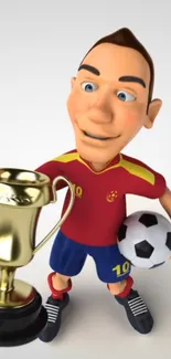 Cartoon soccer player with trophy and ball on white background.