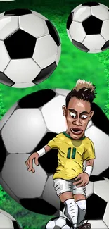 Cartoon soccer character with soccer balls on a green field background.