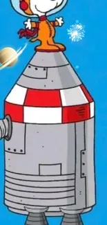 Cartoon dog astronaut on a rocket with blue sky backdrop.