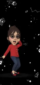 Animated character in a whimsical space-themed wallpaper with stars and rockets.