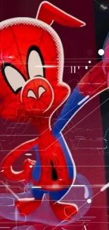 Cartoon spider character in vibrant red costume on wallpaper.