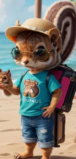 Squirrel cartoon in sunglasses at the beach, wearing a hat and jeans.