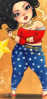 Cartoon woman in starry jeans on orange background.