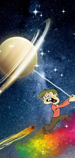 Cartoon figure holding a planet in a starry, colorful galaxy background.