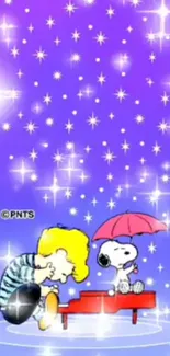 Cute cartoon characters under a starry, purple night sky.