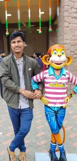 Man poses with colorful cartoon statue outdoors.