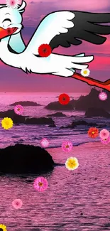 Cartoon stork flying over a purple sunset coastline.