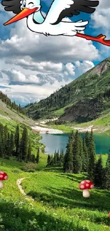 Cartoon stork flying over mountain valley with lake.